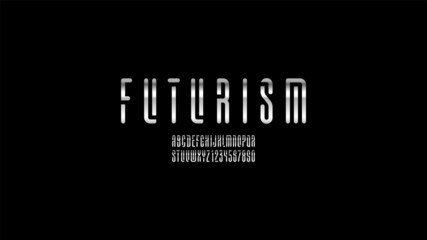 Font from silver metal, trendy stencil metallic alphabet, modern chrome condensed letters and numbers