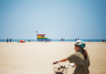 Lifeguard shack or tower on Venice Beach, Los Angeles, bearing the colours of the LGBT flag