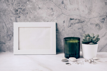 home decor - white empty frame and succulent at the wall