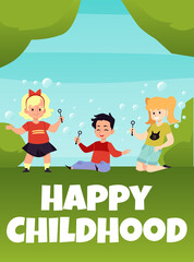 Happy childhood banner or poster layout with kids flat vector illustration.