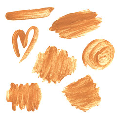 Collection of gold glittering acrylic brush strokes isolated on a white background. Decorative design elements.