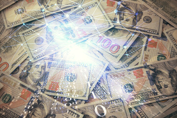 Double exposure of data theme drawing over us dollars bill background. Technology concept.