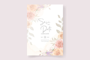 Elegant wedding invitation card with hand drawn soft flower and leaves