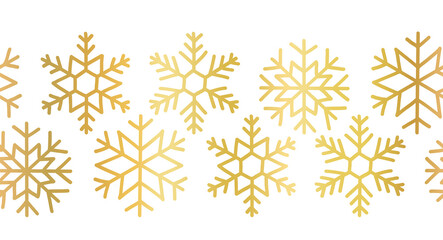 Snowflake winter Christmas seamless vector border. Golden metallic shiny foil snowflake illustration isolated white background. Gold snowflake icon elegant banner for Christmas card, footer, divider