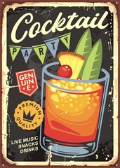 Cocktail bar vintage sign design with glass of Mai Tai on old metal texture. Tiki bar advertisement, cocktail party promotion. Vector drinks illustration.