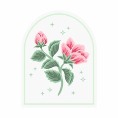 Vintage feminine logo design template in trendy minimal style. Pink peony bud, rose flowers and turquoise botanical leaf branch. Emblem, symbols and icons for cosmetics, beauty and handmade products
