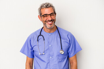 Middle age nurse caucasian man isolated on white background  happy, smiling and cheerful.