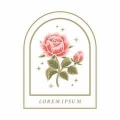 Vector feminine logo design template in trendy minimal style. Vintage orange rose bud, peony flowers and botanical leaf branch. Emblem, symbols and icons for cosmetics, beauty and handmade products