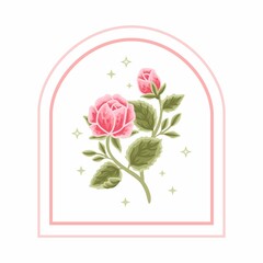 Vintage vector feminine logo design template in trendy minimal style. Pink rose bud, peony flowers and botanical leaf branch. Emblem, symbols and icons for cosmetics, beauty and handmade product