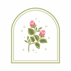 Vintage vector feminine logo design template in trendy minimal style. Pink rose bud, peony flowers and botanical leaf branch. Emblem, symbols and icons for cosmetics, beauty and handmade product