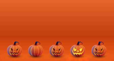 Happy Halloween card, banner  with luminous, luminescent orange pumpkin with soft touch feeling with spooky smile, face and bokeh. Ginger background. Vector illustration. 