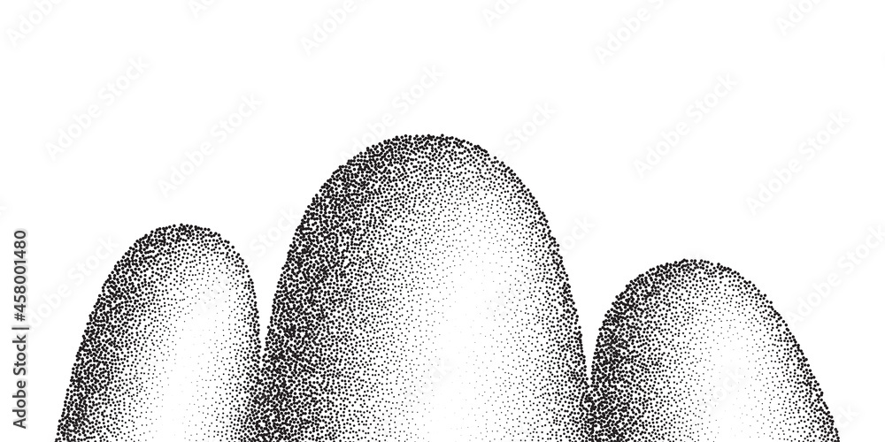 Poster dotwork mountain pattern vector background. black noise stipple dots hills. sand grain effect rock. 