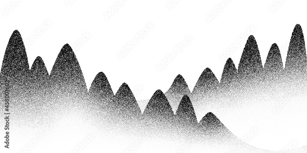 Poster dotwork mountain trees vector background. black noise stipple dots hills. sand grain effect trees. d