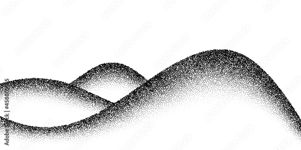 Poster dotwork mountain pattern vector background. black noise stipple dots hills. sand grain effect rock. 