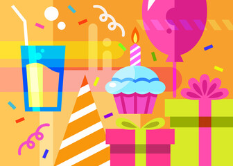 Happy Birthday banner with different attributions. Holiday postcard design in cartoon style.