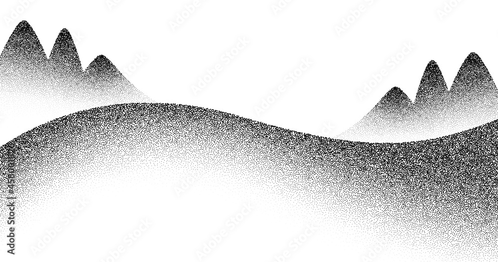 Poster dotwork mountain pattern vector background. black noise stipple dots hills. sand grain effect trees.