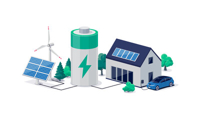 Home virtual battery energy storage with house photovoltaic solar panels plant, wind and rechargeable li-ion electricity backup. Electric car charging on renewable smart power island off-grid system. - obrazy, fototapety, plakaty