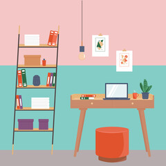  Home office. Room interior. Work at home. Vector illustration in flat style