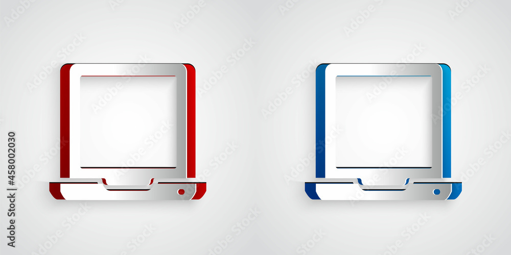 Poster paper cut laptop icon isolated on grey background. computer notebook with empty screen sign. paper a