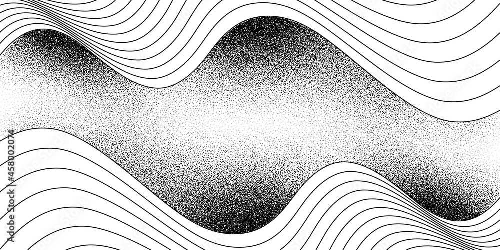 Poster dotwork wave pattern vector background. black noise lines with dots. sand grain effect. wave dots gr