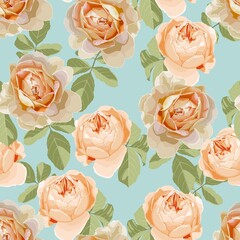 Roses seamless pattern. Large orange flowers and green leaves on blue background. Square design for fabric, wallpaper, wrapping paper, invitation card.