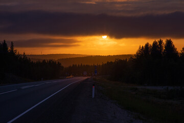 Sunset in the Murmansk region. Between the hills.