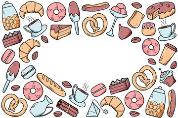 Vector elements of sweet snacks and pastries, coffee dishes. Excellent for decorating cafes and menus. Doodle icon style.