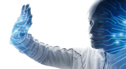 Double exposure of woman and futuristic holographic interface to display data. Female in futuristic costume using VR helmet. Augmented reality, future technology, game concept. White background.