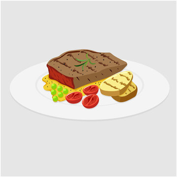 Beef meat steak with potatoes and tomatoes, illustration concept.