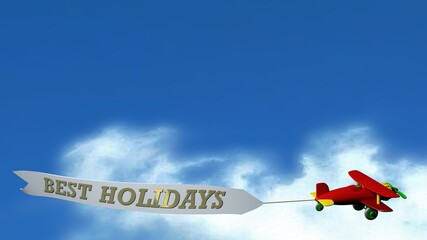 Red airplane toy flying on blue sky with banner BEST HOLIDAYS - 3D rendering illustration