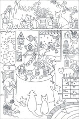 Cats and kittens in the house in the kitchen. Coloring. Black and white digital illustration. Cute illustration for the decor and design of posters, postcards, prints, stickers, invitations, textiles 