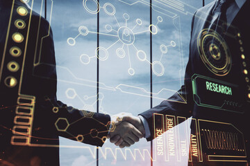 Plakat Double exposure of data theme hologram and handshake of two men. Partnership in IT industry concept.