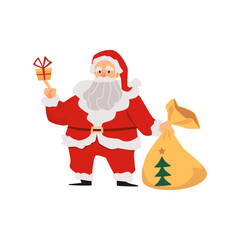 Santa Claus character with sack full of gifts flat vector illustration isolated.