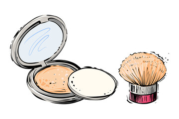 Makeup powder and brush, hand drawn vector illustration, color