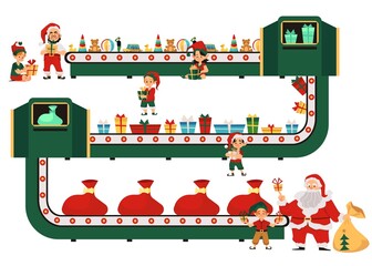 Christmas factory on production and package holiday gifts a vector illustration.