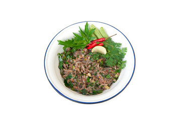 Spicy or koi kung shrimps salad in plate on white background.kung ten