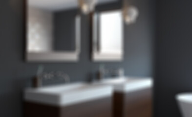 Bokeh blurred phototography. Scandinavian bathroom, classic  vintage interior design. 3D rend