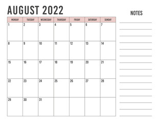 Calendar august 2022 with simple landscape design