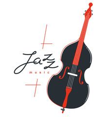 Fototapeta na wymiar Jazz music emblem or logo vector flat style illustration isolated, contrabass logotype for recording label or studio or musical band.