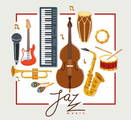 Jazz music band poster different instruments vector flat illustration, live sound festival or concert advertising flyer or banner, play different instruments orchestra.