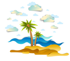 Fototapeta na wymiar Beautiful seascape with sea waves, beach and palms, clouds in the sky, vector illustration in paper cut style, seashore summer beach holidays theme.