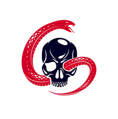 Skull with snake devil evil sign, vintage vector design of classic style crest, coat of arms, death and rebirth concept tattoo,