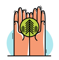 Fototapeta premium Two hands with pine trees protecting and showing care vector flat style illustration isolated on white, cherish and defense for woods and forests concept, environment protection.