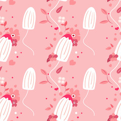 Menstruation Seamless edndless pattern Template.Sanitary tampon with menstrual blood on tube and attached string,applicator.Hygiene item for females during menstruation period.Flat vector illustration