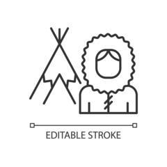 Inuit population linear icon. Indigenous peoples of Canada. Traditional shelter igloo. Thin line customizable illustration. Contour symbol. Vector isolated outline drawing. Editable stroke