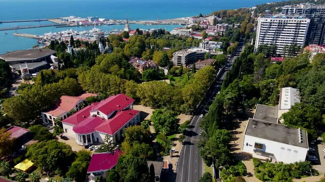  The modern Russian resort of Sochi on the Black Sea. Sochi aerial panoramic view