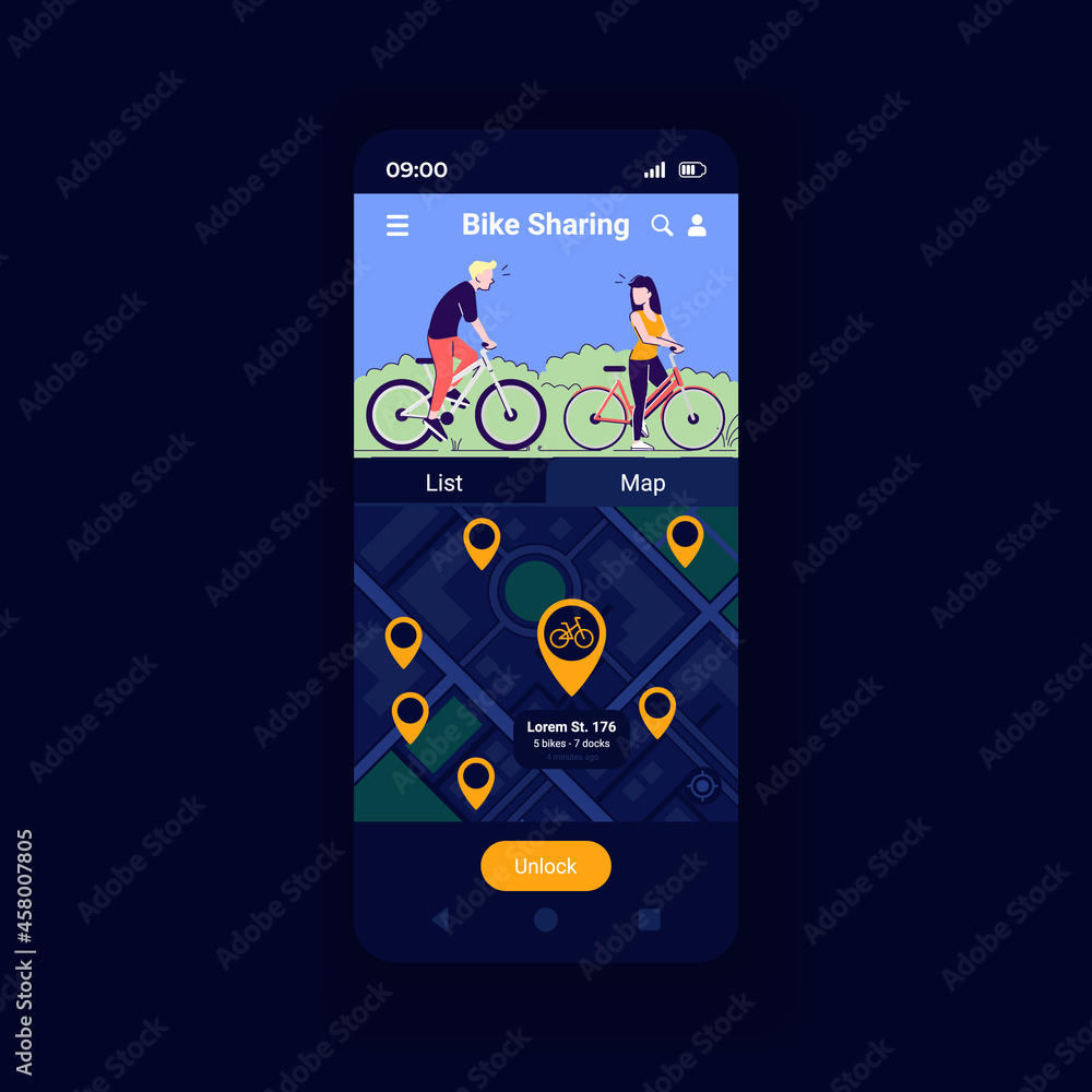 Poster bicycle sharing service app smartphone interface vector template. mobile app page design layout. evi