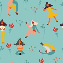 Cute decorative background with active women. Vector seamless pattern. Active women workout design. Seamless pattern 