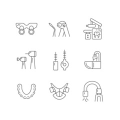 Dental visit linear icons set. Orthodontic appliances. Tooth extraction. Cosmetic dentistry. Customizable thin line contour symbols. Isolated vector outline illustrations. Editable stroke