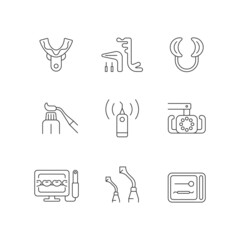 Dental check up linear icons set. Medical devices. Impression tray. Implant maintenance. Lip retractor. Customizable thin line contour symbols. Isolated vector outline illustrations. Editable stroke